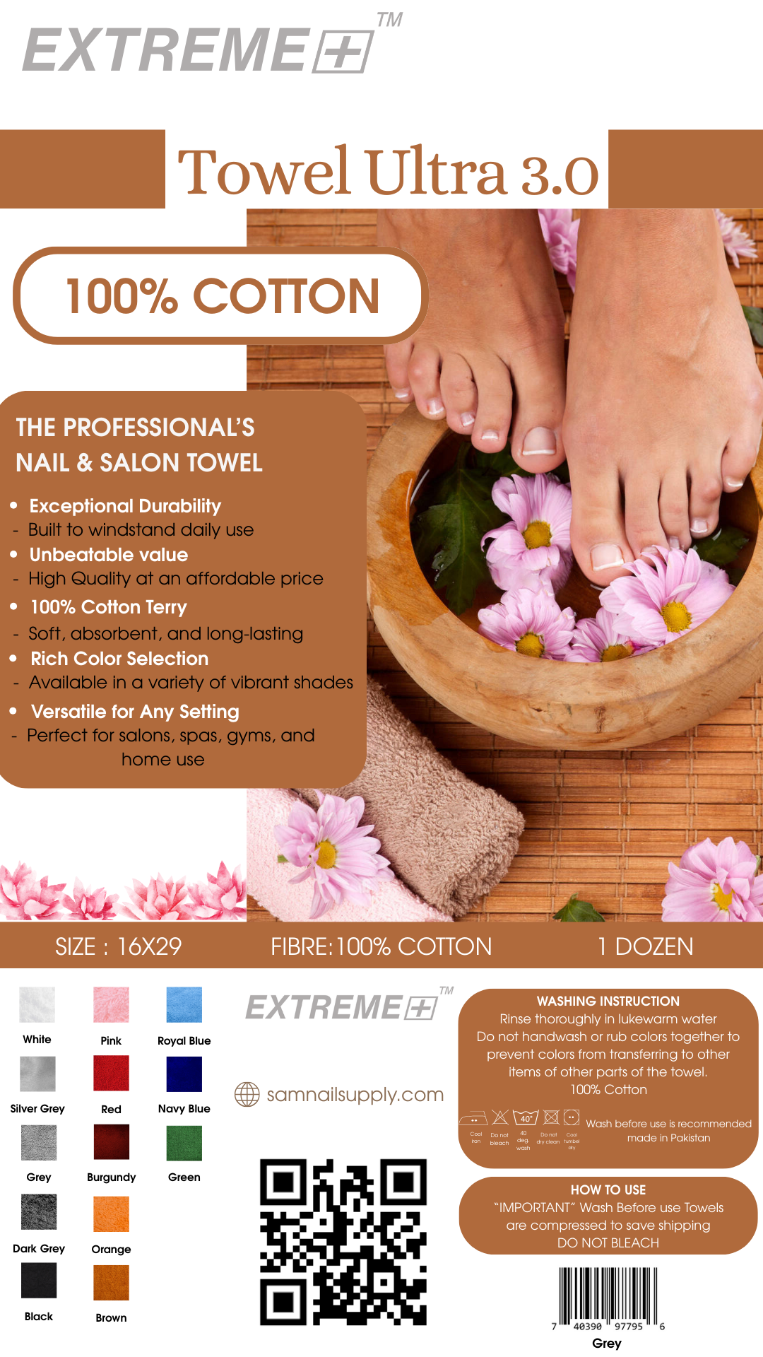 Extreme+ 100% Cotton Towel  - Grey 16x29 - Pack of 12 (3Lbs)